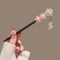 Chinese style wooden hair stick with elegant pink flower and tassel for women daily wear - Pink Flower Acetate Butterfly Tassel Style