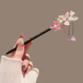 New Chinese style floral wooden hair stick with vintage tassel, elegant hair accessory for women. - Fresh Flower Tassel Wooden Stick / Pink