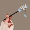 New Chinese style wooden hairpin with blue floral and tassel for traditional hanfu outfits. - Fresh Flower Tassel Wooden Stick / Blue
