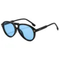 Fashionable double bridge thick frame sunglasses with blue lenses for outdoor stylish wear. - C4 Shiny Black Frame Blue Lens