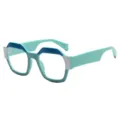 Stylish polygonal reading glasses with trendy color block thick frame for men and women. - +100 / C2 Blue-Green Frame