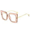 Oversized square blue light blocking glasses with stylish gold metal temples and pearl decor. - +100 / C4 Champagne Frame
