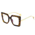 Oversized square blue light blocking glasses with tortoise shell frame and pearl temples. - C5 Leopard Frame
