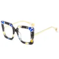 Oversized square blue and yellow printed optical glasses with elegant pearl temple tips for daily use. - C7 Blue Yellow Floral Frame