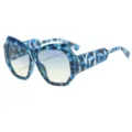 Blue patterned irregular oversized sunglasses, stylish fashion cat-eye sun glasses for women. - C2 Blue Floral Frame Gradient Green Tea Lens