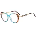 Chic large frame optical glasses with stylish gradient and metal temples for women. - C2 Blue Leopard Frame Clear Lens