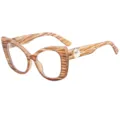 Chique bruine cat-eye blauw licht werende bril met elegante parel tempel decoratie voor vrouwen. - Houtnerf Montuur Transparante Glazen