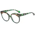 Elegantes gafas cat-eye anti luz azul con montura de camuflaje verde y detalles naranjas. - C9 Montura verde con lentes transparentes