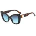 Stijlvolle oversized cat-eye zonnebril voor vrouwen met prachtige parel decoratie. - Zwart Montuur Luipaard Pootjes Gradiënt Thee Blauwe Glazen