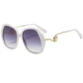 Oversized cat eye sunglasses, white thick frames, gradient purple lenses, and pearl temples. - White Frame Gradient Grey Lens