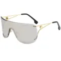 Occhiali da sole oversize senza montatura con struttura in metallo dorato e lenti grigie. - C2 Montatura Oro Specchio Argento