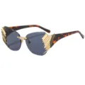 Trendy rimless sunglasses with gold geometric decor and tortoiseshell temples for fashion street style. - C3 Gold Frame Leopard Tips Gray Lens