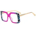 Grosse quadratische blaue rosa Farbverlauf optische Brille mit goldenen gerippten Buegeln - C7 Transparent Lila Geblümter Rahmen Transparente Gläser
