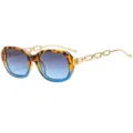 Chic fashion square sunglasses for women with gradient blue lenses and stylish gold chain temples. - C2 Leopard Blue Frame Gradient Gray Blue Lenses