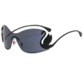Stylish black swan decoration frameless one-piece sunglasses for women UV protection - C1 Black Frame Grey Lens