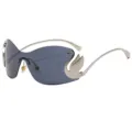 Modish frameless one-piece sunglasses with striking metal swan decor and grey gradient lenses. - C5 Silver Frame Gray Lens