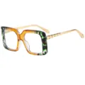 Grosse quadratische Brille mit buntem Schildpatt-Gestell und goldenen Buegeln fuer Damen. - C6 Champagner Geblümter Rahmen Transparente Gläser