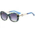 Oversized fashion women sunglasses with blue and black patterned frame and metal temples. - C5 Blue Flower Frame Gradient Gray Lens