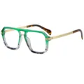 Fashion double bridge square sunglasses for men and women, trendy green frame gold temples. - C9 Green Tea Frame Clear Lens