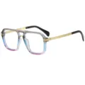 Fashion gradient square frame glasses with double bridge and gold temples for daily wear. - C13 Gray Blue Pink Frame Clear Lens