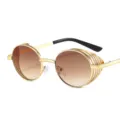 Gouden steampunk zonnebril met ronde glazen, zijschilden en stijlvolle verlooplenzen voor unieke look. - Goudkleurig Montuur Dubbele Thee Glazen