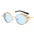 Steampunk ronde metalen zonnebril met zijkanten en stijlvolle blauwe glazen voor dames. - Gouden Frame Blauwe Lens