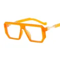 Trendy retro flat top geometric sunglasses with bright orange frame and metal temples. - C8 Orange Frame Clear Lens