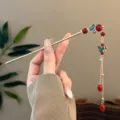 Chinese vintage hairpin with red beads and blue butterfly tassel, perfect for Hanfu styling. - Single Piece