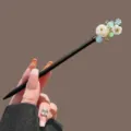 Wooden hair stick with floral and crystal charms, dark finish variant for stylish daily wear. - White Glazed Double Flower Wooden Hairpin