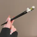 New Chinese style black hair stick with elegant white flowers, minimalist hair fork for daily wear. - Ebony Lily of the Valley Wooden Hairpin