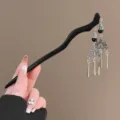 New Chinese vintage black wood hair stick with silver tassel and black beads for women - Black Bead Double Wind Chime Tassel Wooden Hairpin