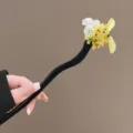 Chinese style hair stick with cute rabbit and yellow floral design for elegant daily wear. - Jade Rabbit Osmanthus Wooden Hairpin