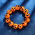 Halloween orange wooden bead bracelet with cute black pumpkin face print, fashion party jewelry. - Pumpkin Pattern (SG337-1) / Orange