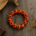 Halloween orange wooden bead bracelet with black spider web print, trendy fashion jewelry. - Spider Pattern (SG337-5)