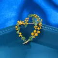 Heart-shaped mimosa brooch with green rhinestones and yellow enamel berries for women - Yellow