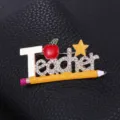 Teacher themed rhinestone letter brooch enamel pin with apple and pencil design for apparel. - Creative Teacher Engraved Style (XD9451)