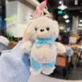 Close-up view of a cute fluffy teddy bear keychain with soft plush and bow tie detail. - 1 Piece / Khaki With Green Bowtie