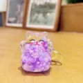 Cute liquid quicksand acrylic lucky cat keychain with purple beads for creative bags and gifts. - Beads-Purple