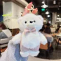 Cute white plush bear keychain with pink bow tie and overalls, lovely bag plush pendant accessory - 1 Piece / Beige With Pink Bowtie