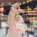 Cute glitter quicksand cartoon bear keychain pendant bag charm aesthetic kawaii accessory. - Pink