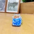 Cute liquid quicksand lucky cat acrylic keychain with blue beads and gold ring pendant detail. - Beads-Blue