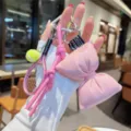 Cute pink PU leather bow tennis racket keychain bag charm stylish accessory for handbags - Pink