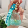 Cute liquid quicksand turtle backpack keychain, clear acrylic floating glitter charm ring gift. - Green