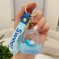 Cute blue liquid floating turtle keychain, creative acrylic backpack charm with Sweet strap. - Blue