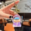 Cute oil-filled quicksand cartoon character keychain bag pendant, clear acrylic and gold metal. - Beads-Purple