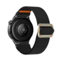 Close-up van de zwarte elastische nylon smartwatch vervangende band met metalen gesp achterkant. - 18mm / Zwart