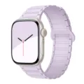 Detailed view of the light purple magnetic silicone watch band, elegant and sleek design. - Purple