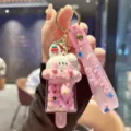 Cute cartoon rabbit ice cream keychain, sweet pink acrylic liquid quicksand bag charm. - Quicksand Cream Rabbit Ice Cream - Pink