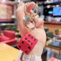 Luxury red rhinestone dice keychain sparkling full diamond bag charm car key ring pendant - Red