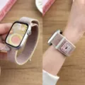 Close-up detail of woven nylon watch loop band featuring a cute embroidered cake rabbit patch. - 44/45/46/49MM Universal / Starlight Color Dots (Cake)